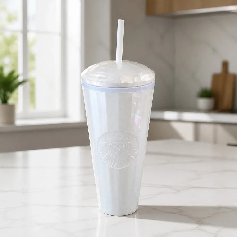 Starbucks White Pearl Iridescent Faceted Cold Cup Tumbler 24 oz With Straw